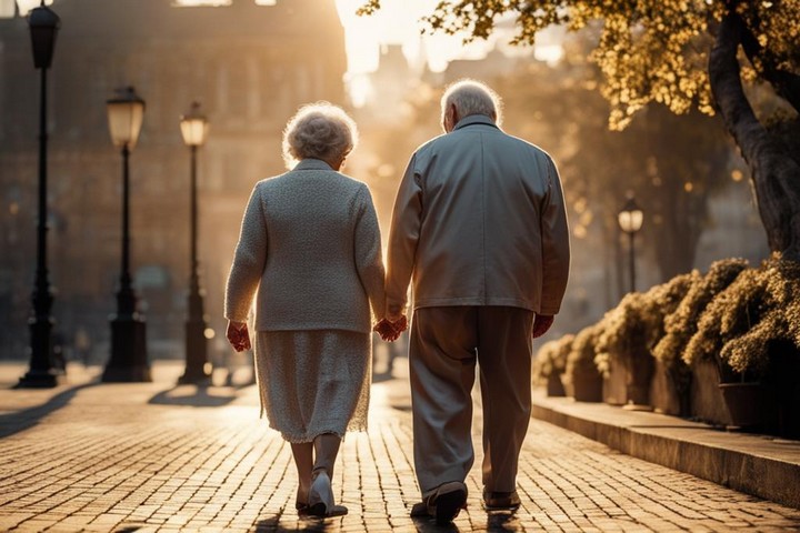 Бабушка и дедушка идут по красивому городскому парку